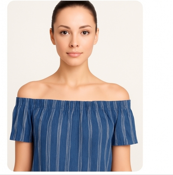 Abercrombie & Fitch Womens XS Blue And White Pinstripe Off The Shoulder Top - Picture 1 of 12